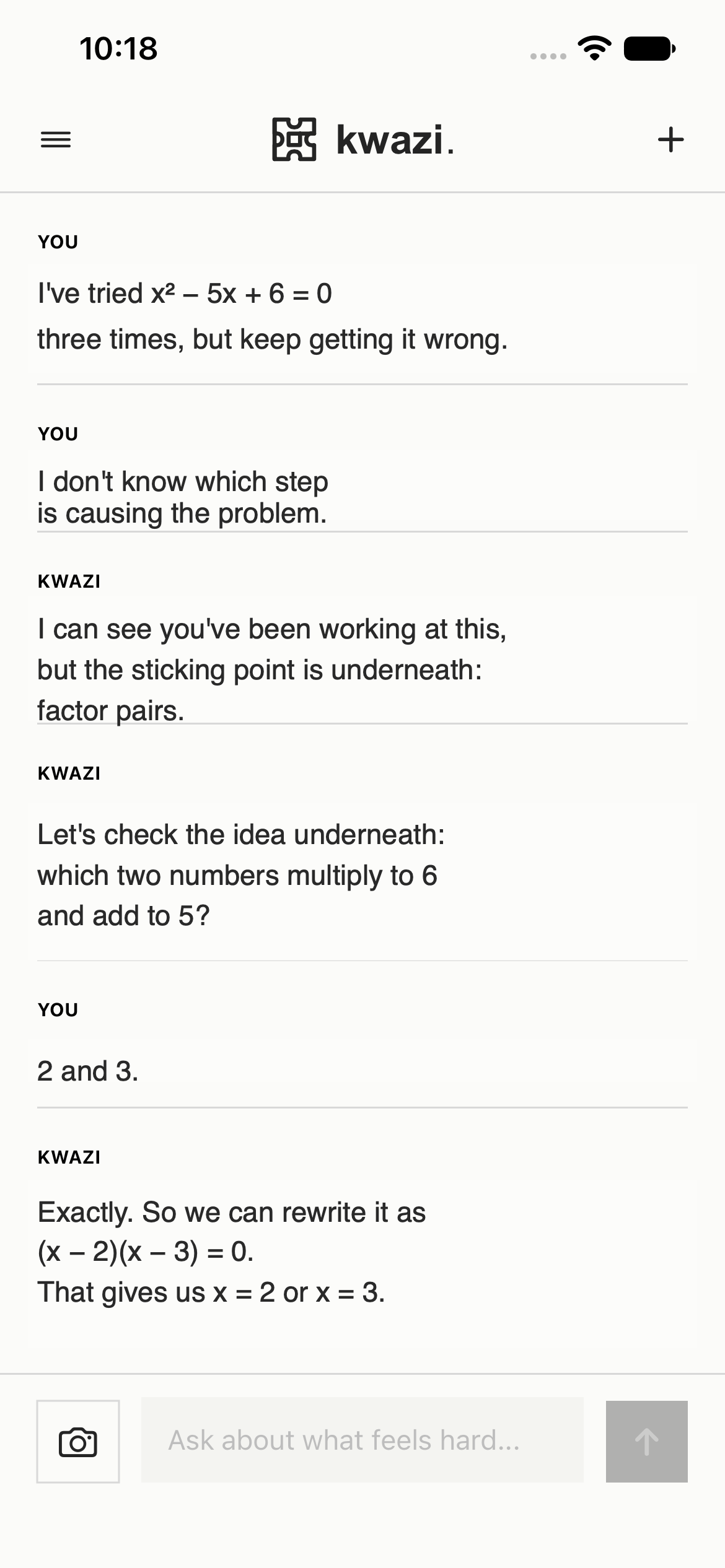 kwazi.app tutoring conversation: the student is stuck on a quadratic equation, kwazi.app identifies factor pairs as the underlying idea, checks the prerequisite, and guides the student back to the original problem.